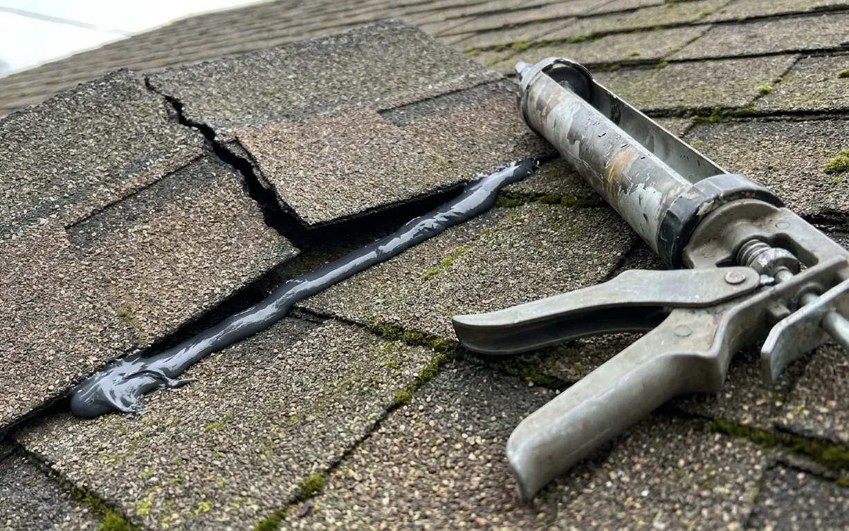A cracked shingle being sealed