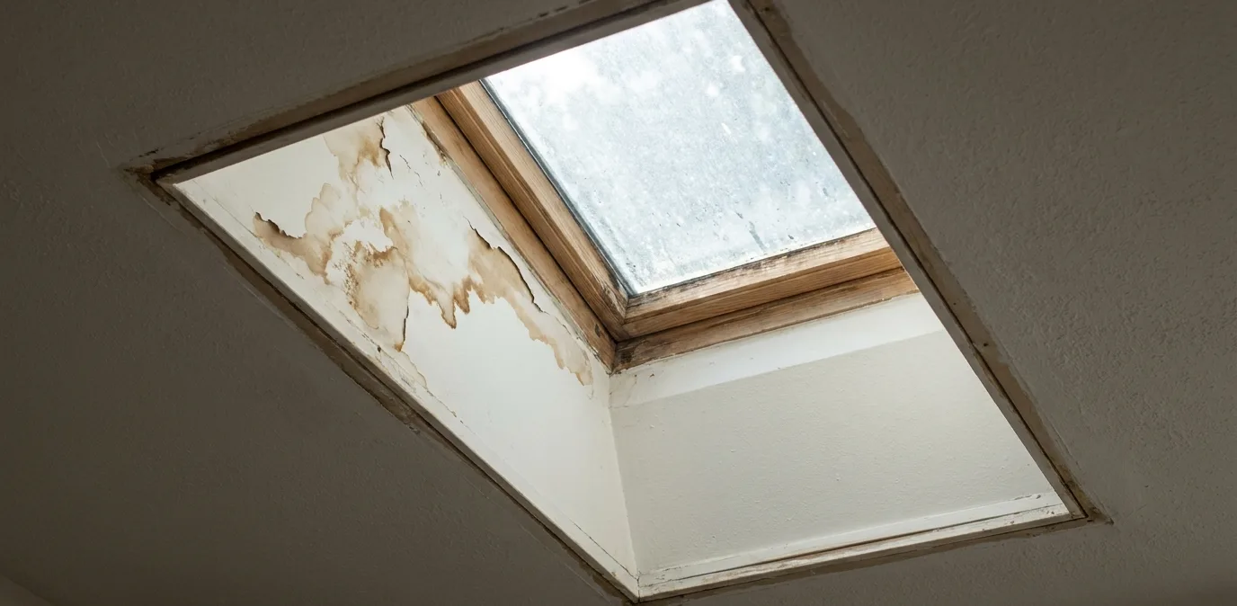 A water stain beside a skylight shaft