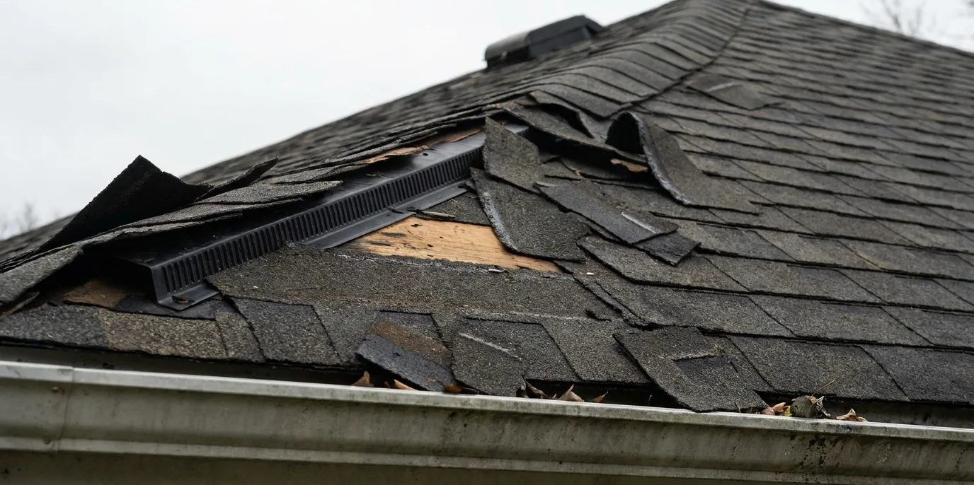 Torn ridge shingles